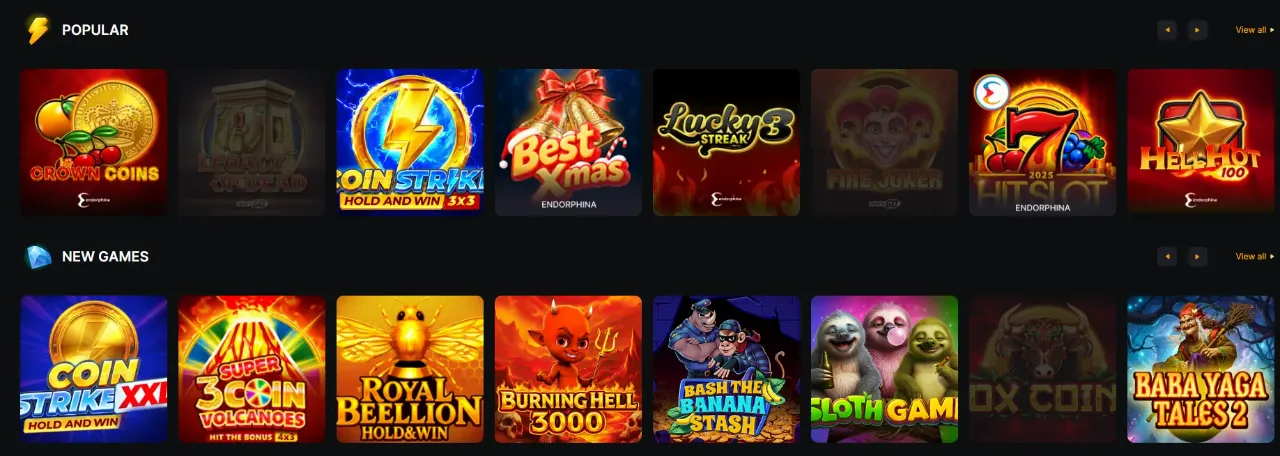 Raster met casinospellen, live casino en crash games van Winhero