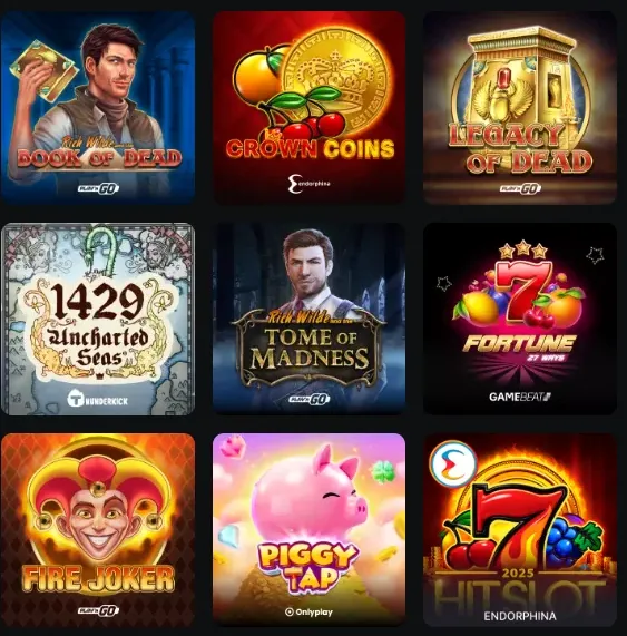 Categorieën gokkasten, tafelspellen en live casino in een raster op het scherm