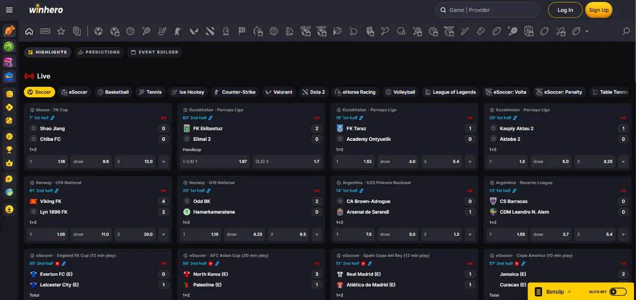 Sports betting interface with live match odds