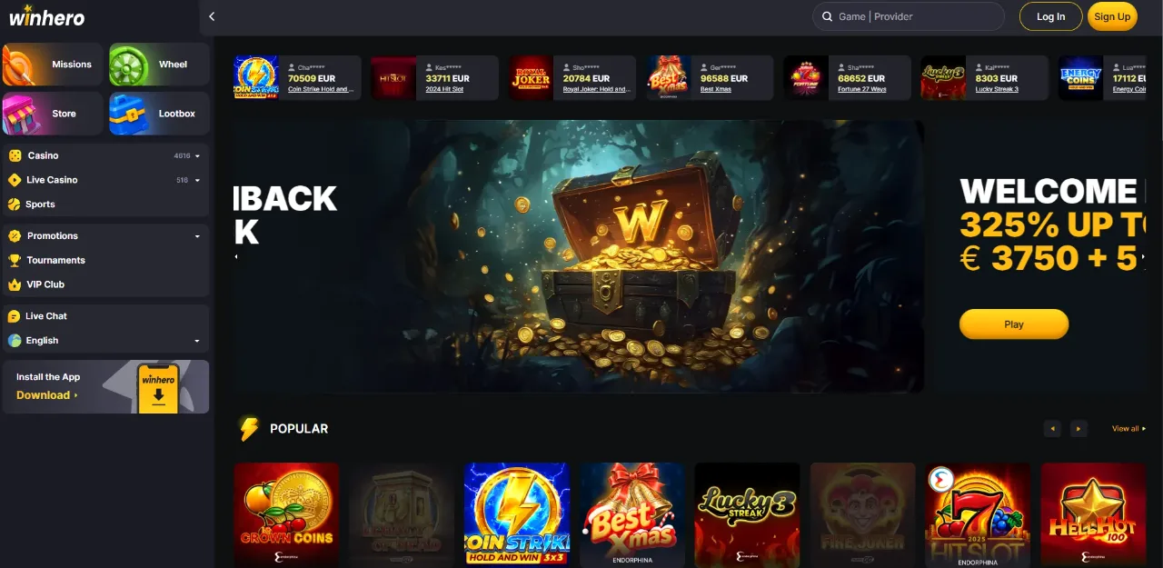 Winhero Casino Nederland – Welkomstpakket tot €3.750 + 500 Free Spins